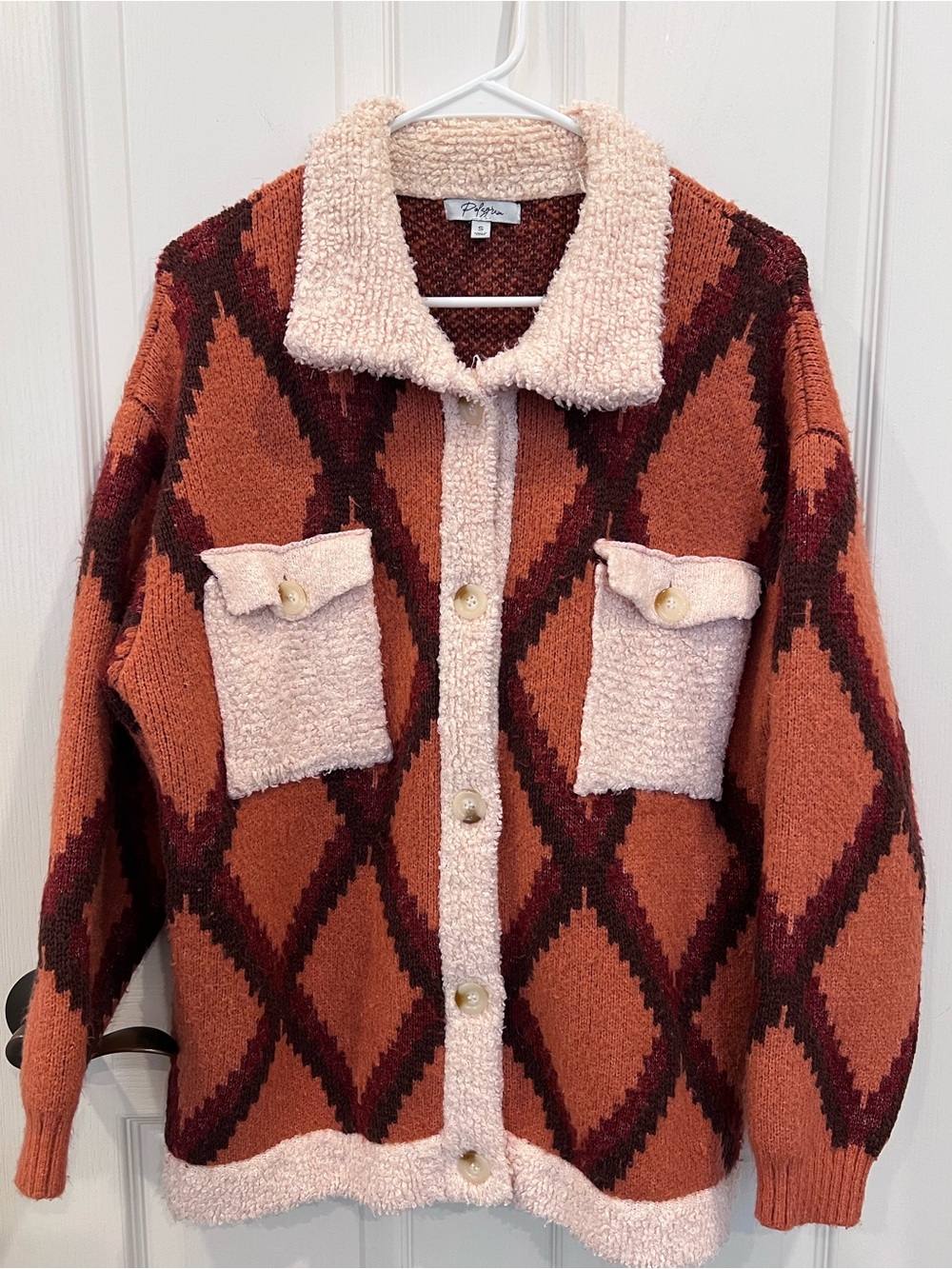 Polagram Rust and Cream Diamond Knit Cardigan